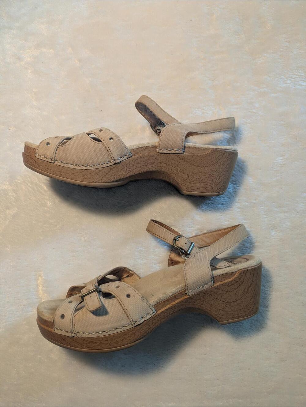Dansko Beige Leather Buckled Slingback Sandals with Wood Platform Heel